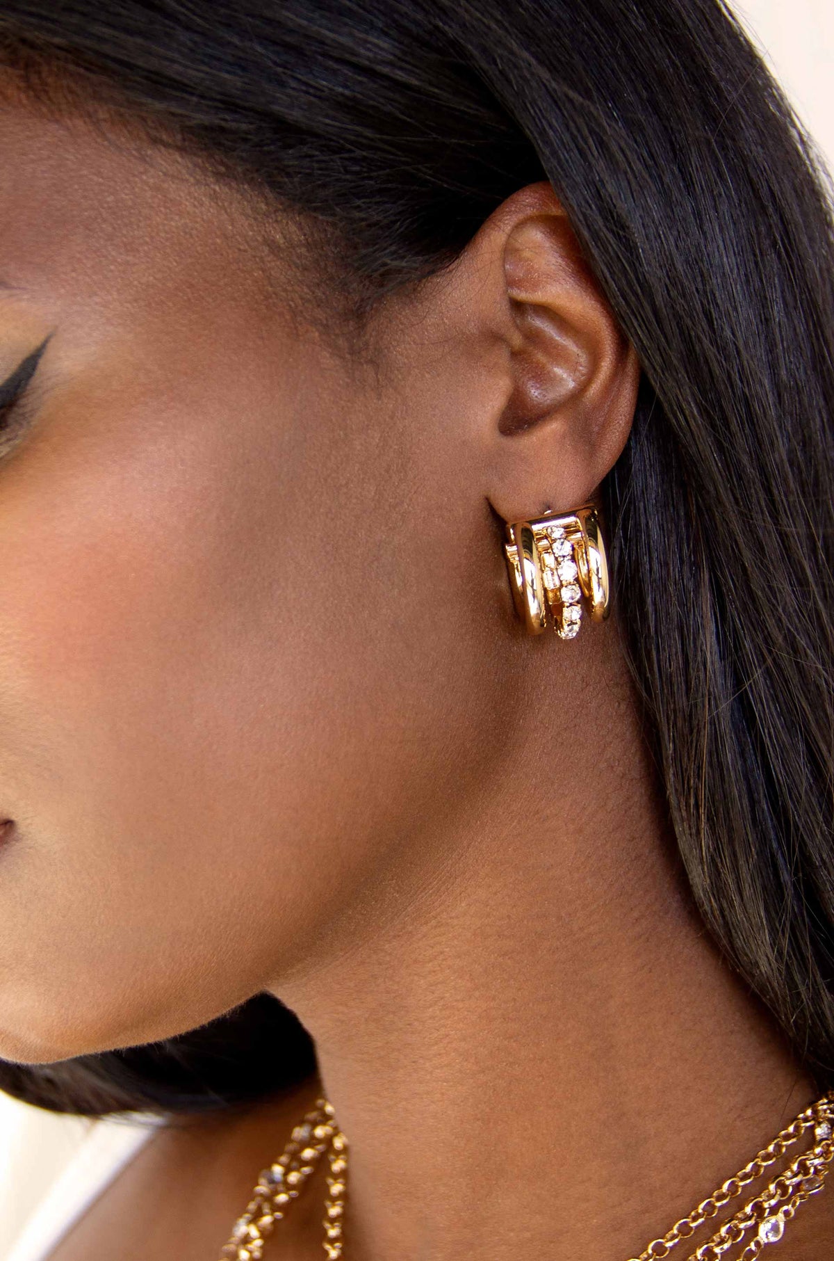 Thick Crystal Accent Huggie Earrings - Clear Crystal with 18k Gold Plating | Ettika