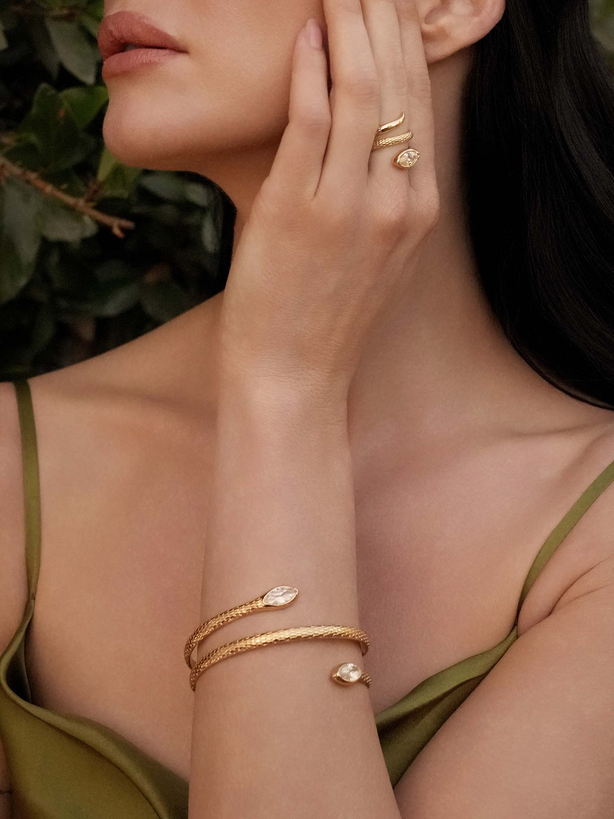 Marquise Coiled Snake Bangle - Clear Crystal with 18k Gold Plating | Ettika