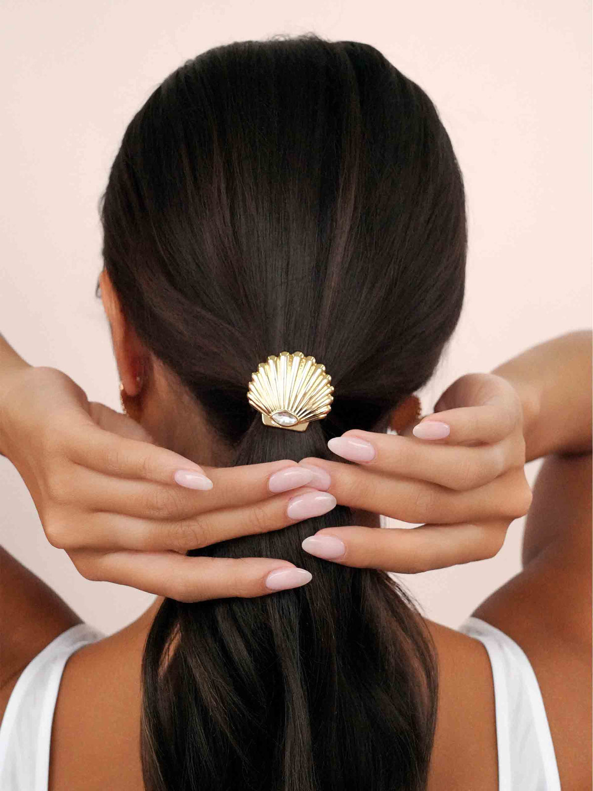Santorini Shell Hair Tie - Gold Tone with Black Elastic | Ettika