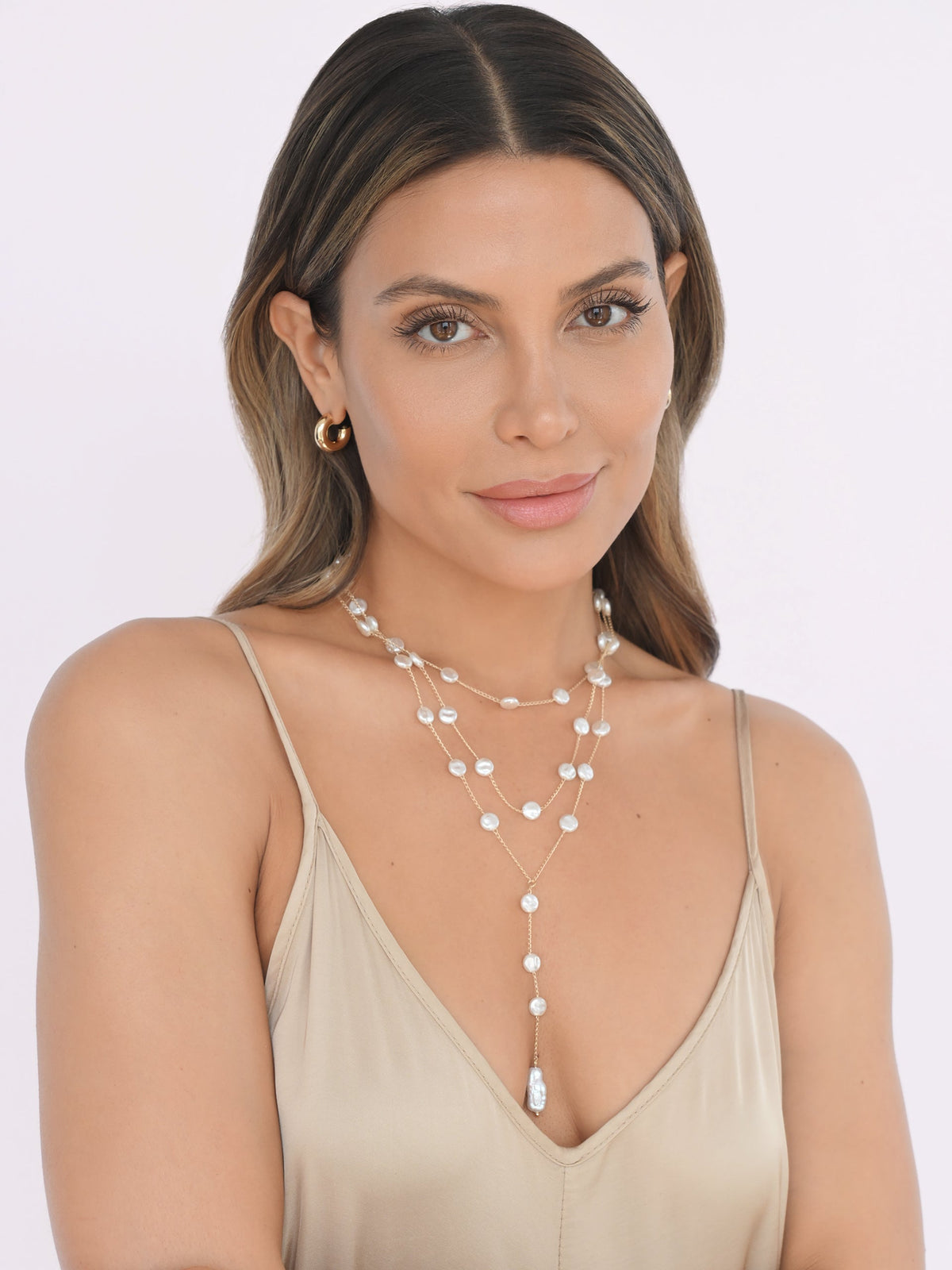 Pearl Coin Layered Lariat Necklace - Pearl with 18k Gold Plating | Ettika