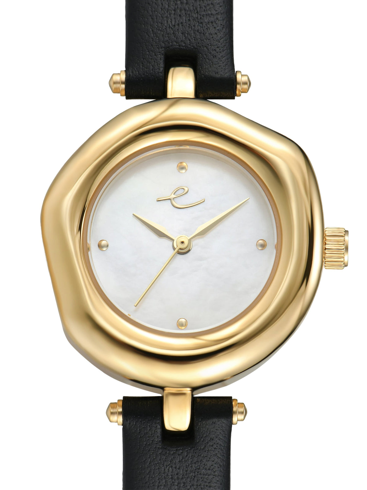 Open Circle Leather Watch in Black - Mother of Pearl Dial with Black Leather and Gold | Ettika