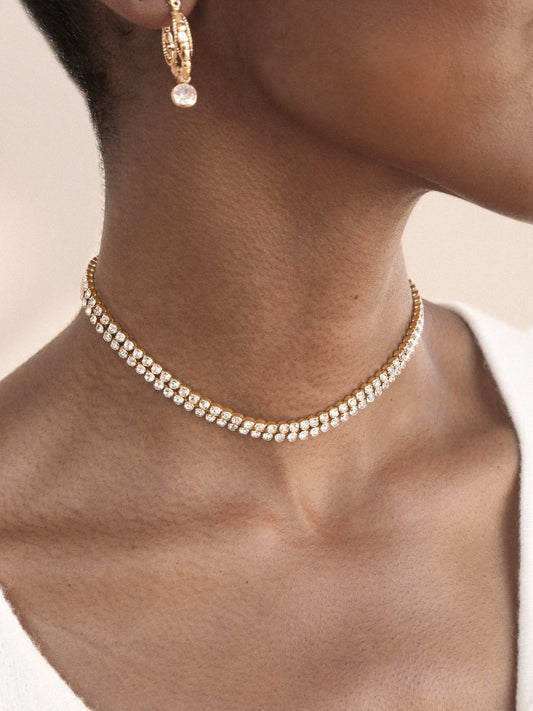 Two Rows of Crystal Sparkle Choker - Black Crystal with 18k Gold Plating | Ettika
