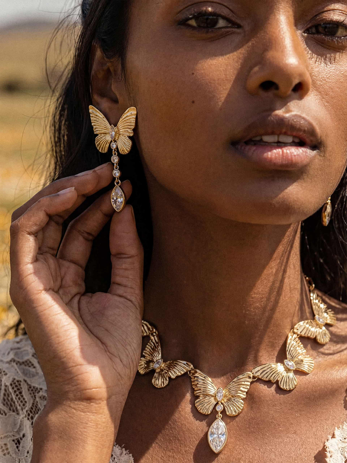 Butterfly Dangle Earrings - Clear Crystal with 18k Gold Plating | Ettika