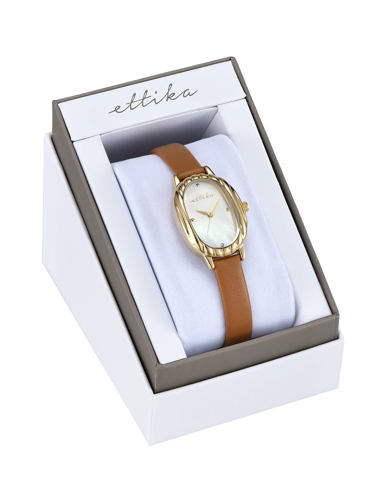 Timeless Texture Cognac Leather Watch - Mother of Pearl Dial with Cognac Leather and Gold | Ettika