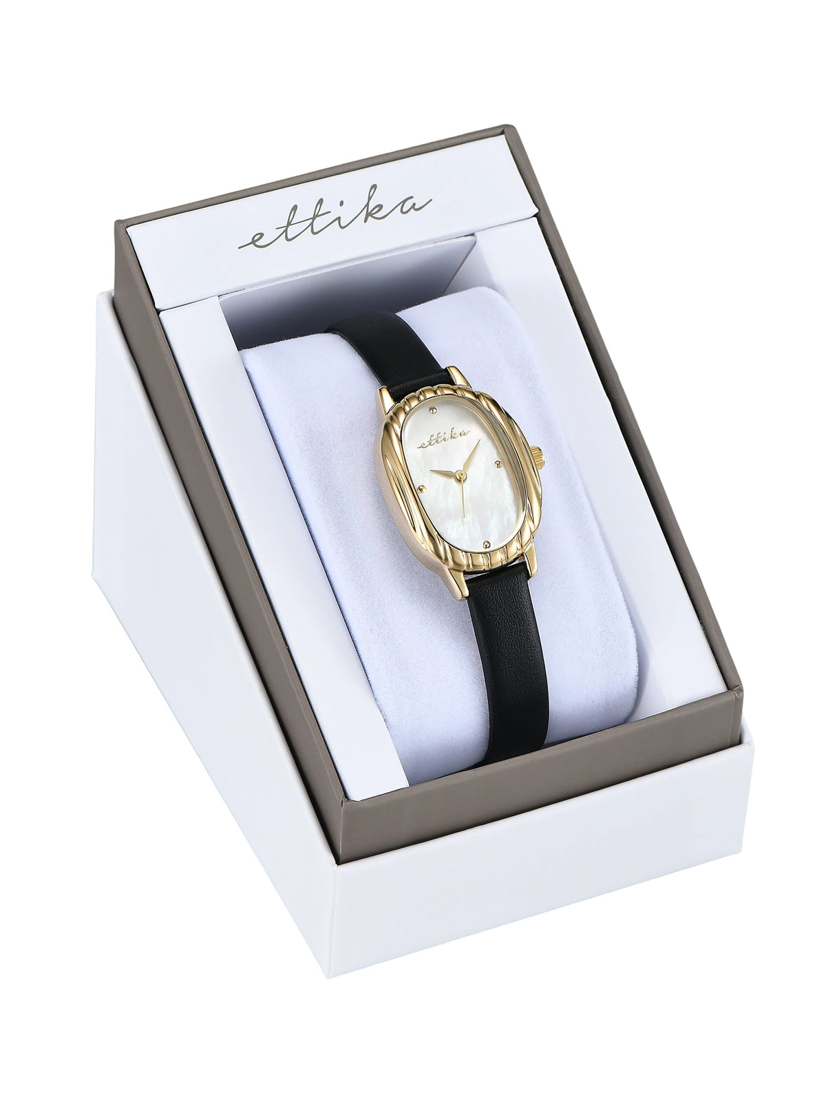 Timeless Texture Black Leather Watch - Mother of Pearl Dial with Black Leather and Gold | Ettika