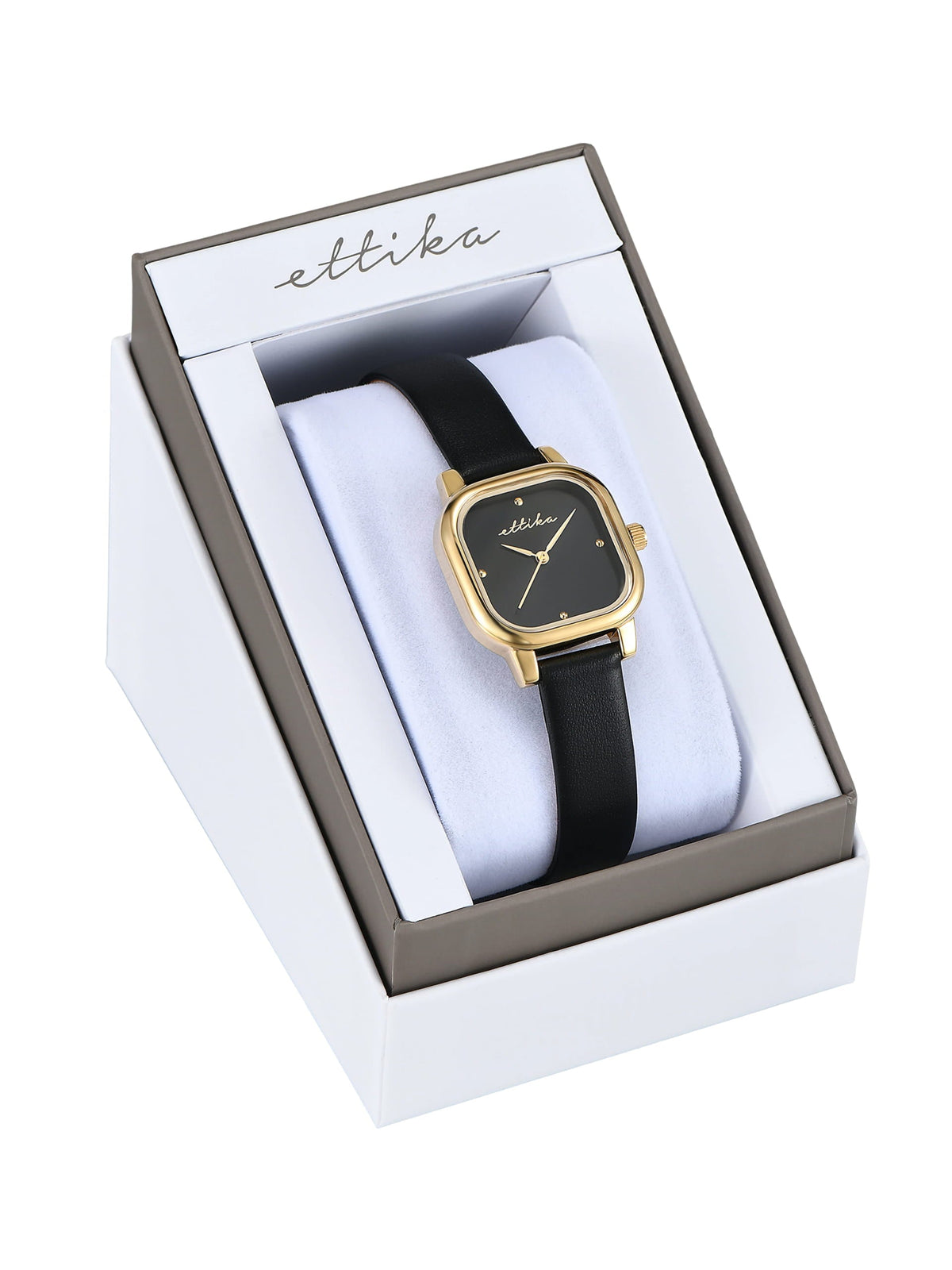 Classic Square Black Leather Watch - Black Dial with Black Leather and Gold | Ettika