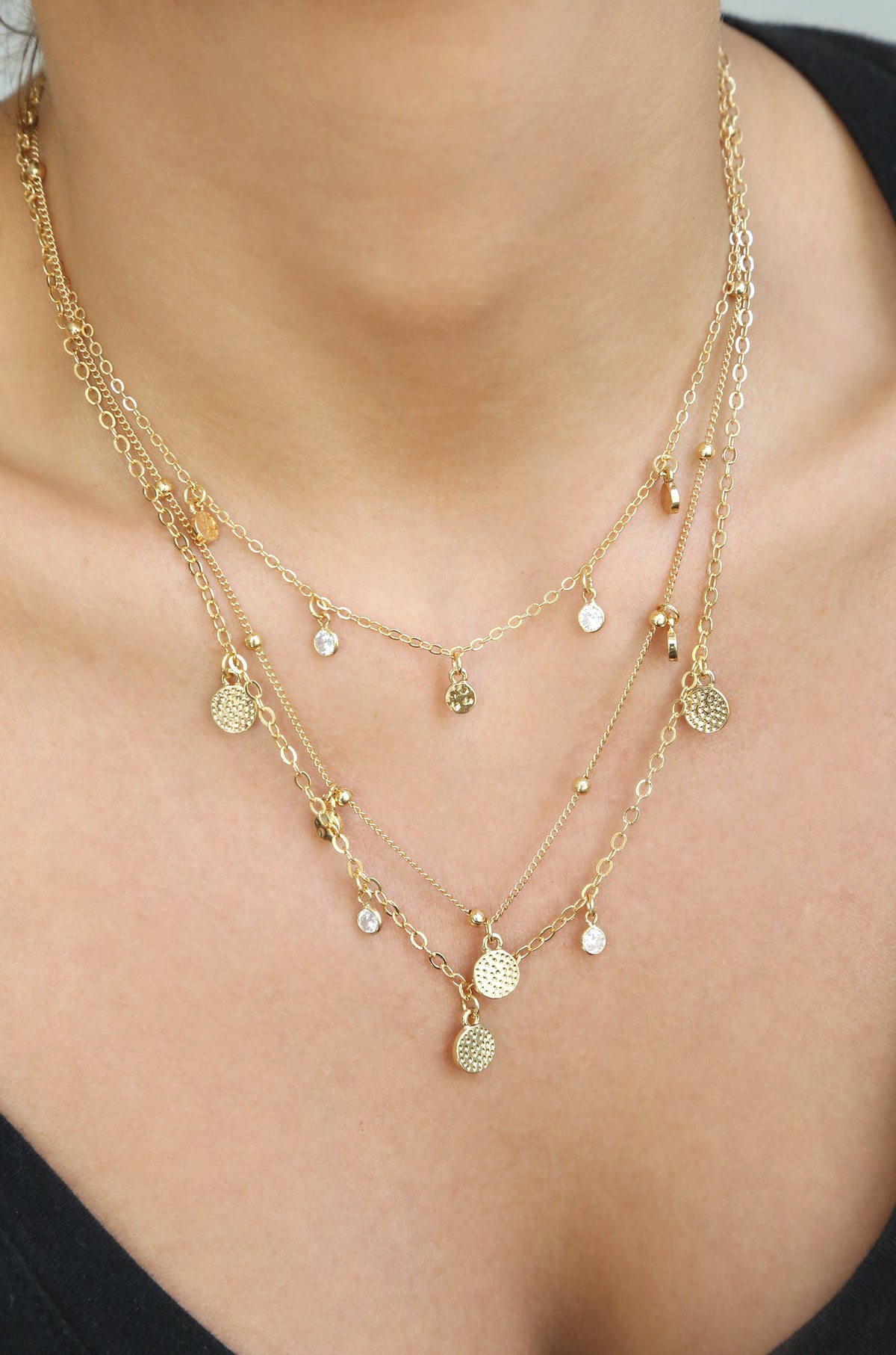 Crystal Detailed Triple Layer Necklace - 18k Gold Plated | Ettika