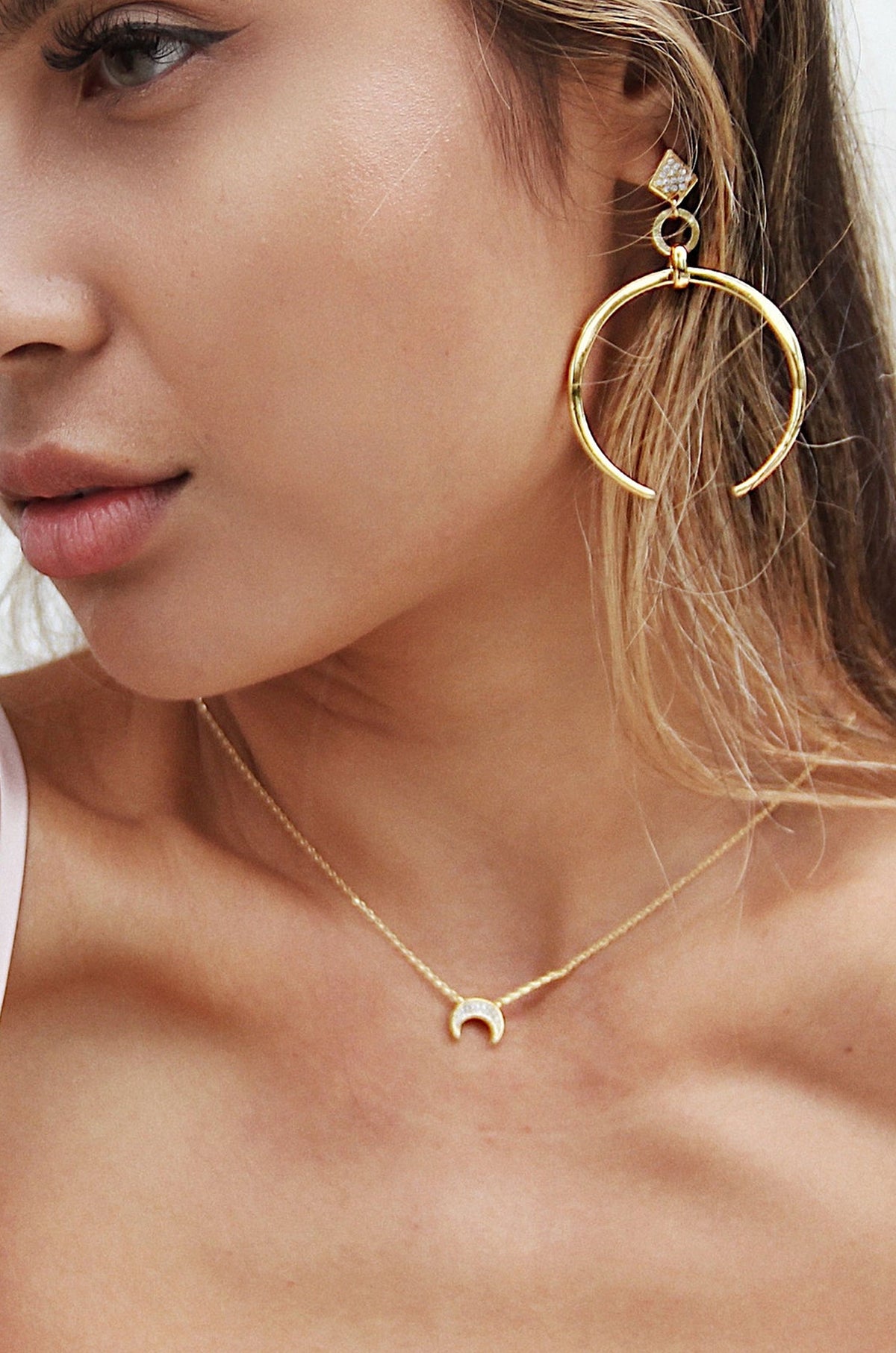 Dainty Layered Crescent Moon Necklace Set - Clear Crystals | Ettika