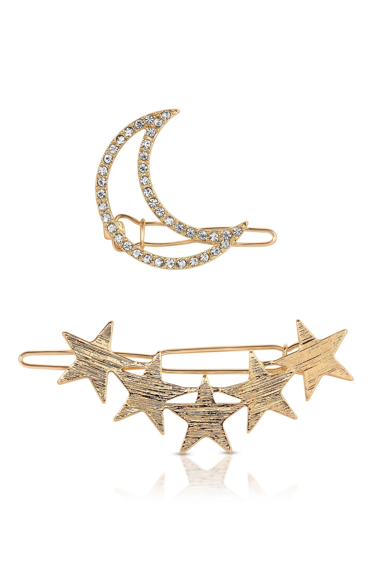Stars and Moon Set of 2 Hair Barrettes in Gold - Clear Crystals | Ettika