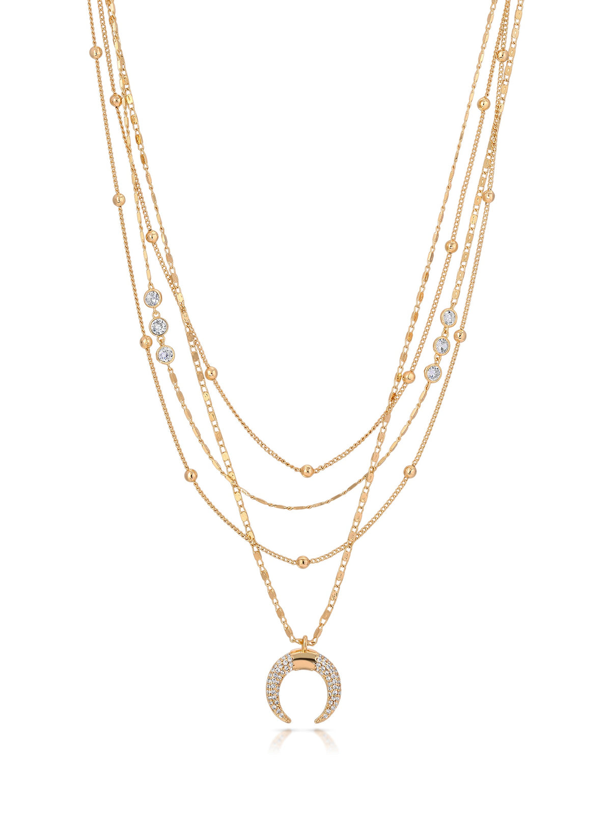 Layered Gold Chain & Crescent Horn Necklace - Clear Crystals | Ettika