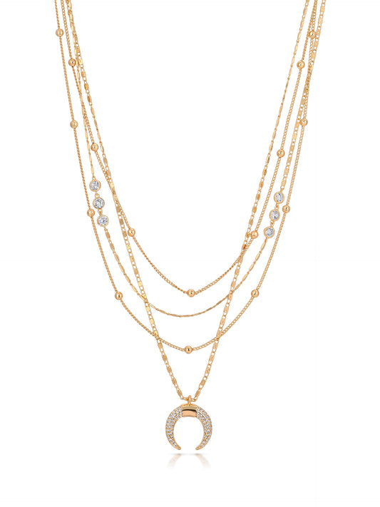 Layered Gold Chain & Crescent Horn Necklace - Clear Crystals | Ettika