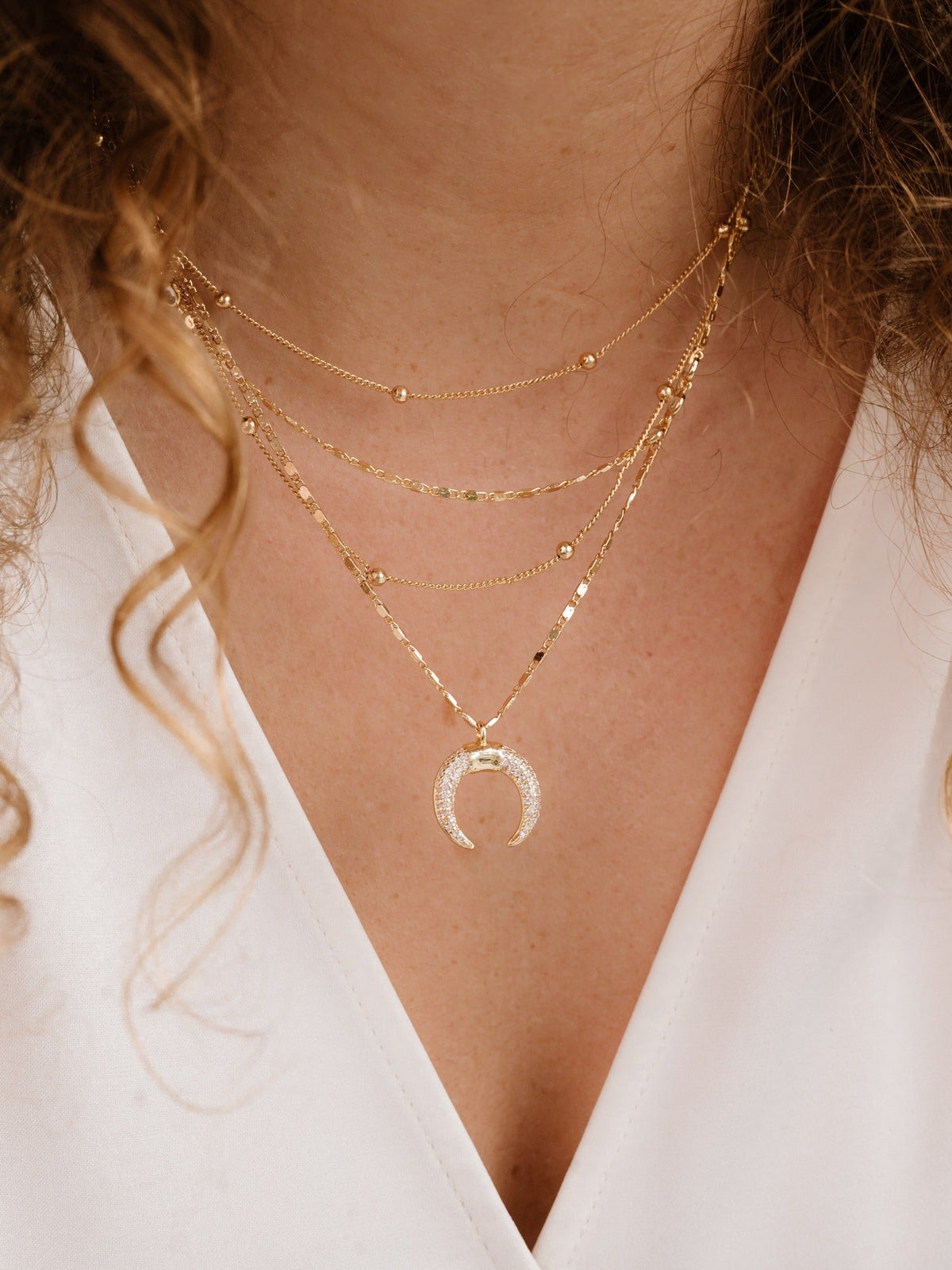 Layered Gold Chain & Crescent Horn Necklace - Clear Crystals | Ettika