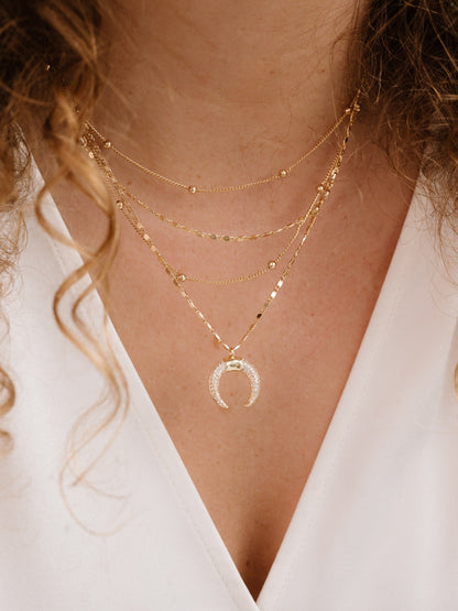 Layered Gold Chain & Crescent Horn Necklace - Clear Crystals | Ettika
