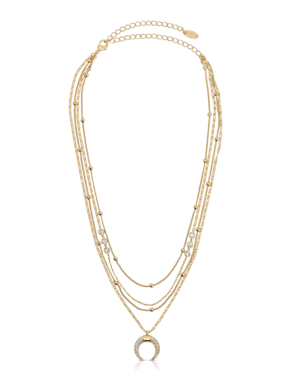 Layered Gold Chain & Crescent Horn Necklace - Clear Crystals | Ettika