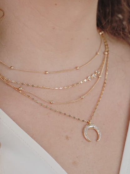 Layered Gold Chain & Crescent Horn Necklace - Clear Crystals | Ettika