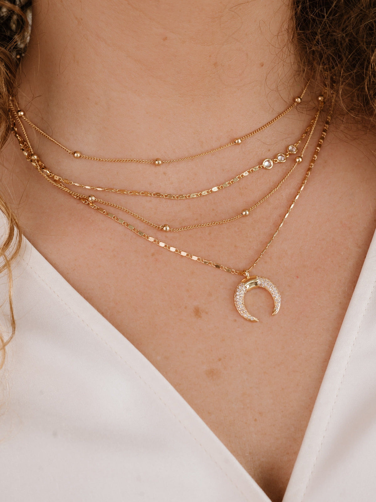 Layered Gold Chain & Crescent Horn Necklace - Clear Crystals | Ettika
