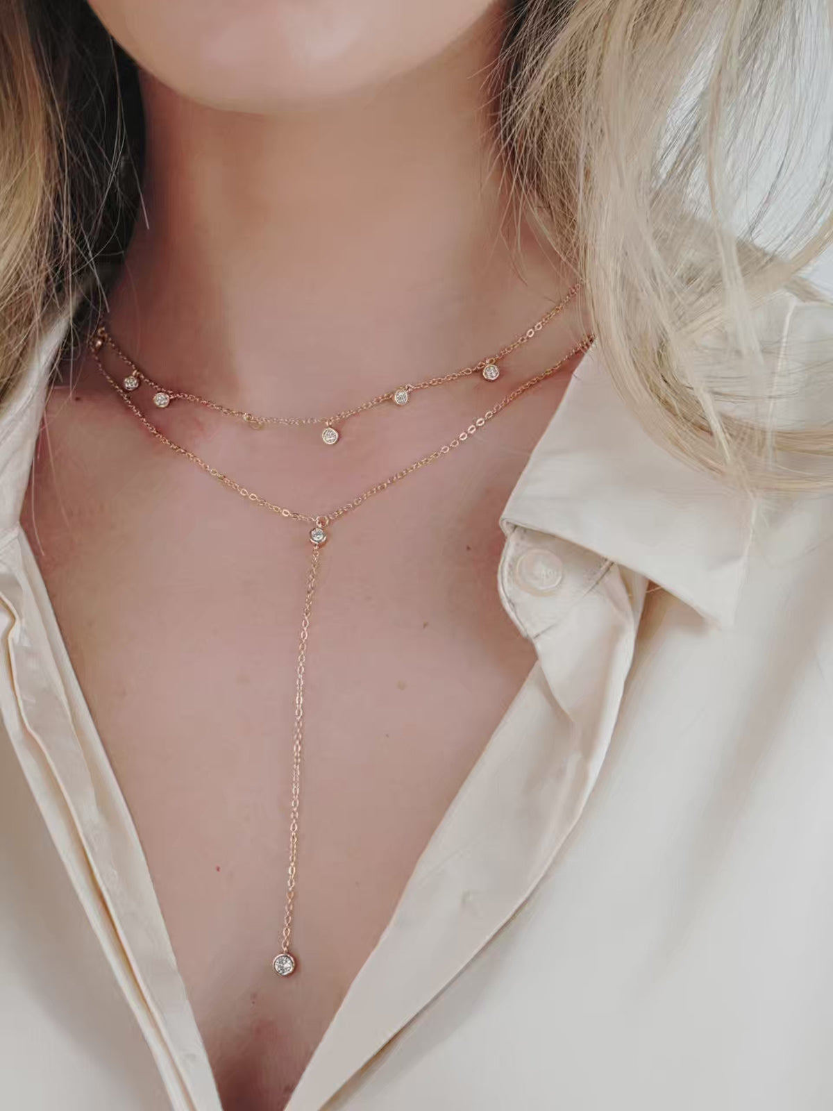 Simplistic Crystal Lariat Necklace Set - Clear Crystals | Ettika