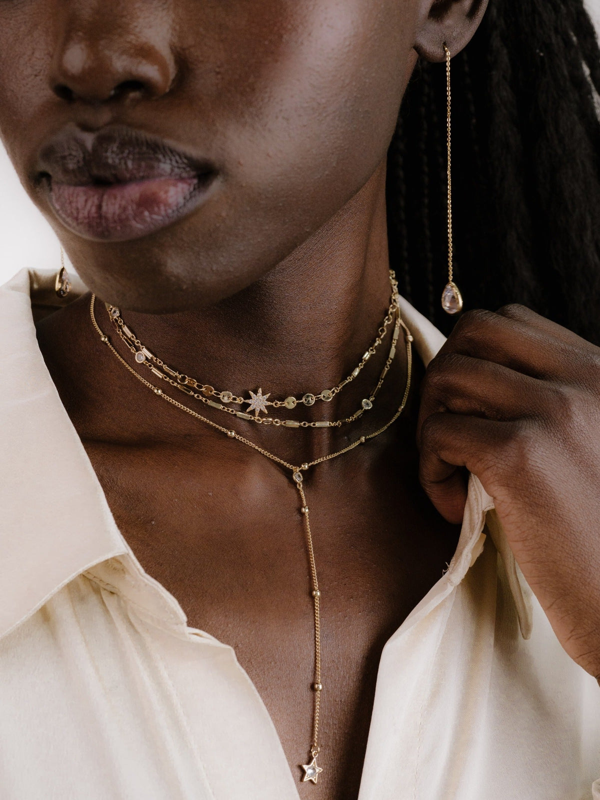 Forever Falling Multi-Chain Lariat Choker - Clear Crystal with 18k Gold Plating | Ettika