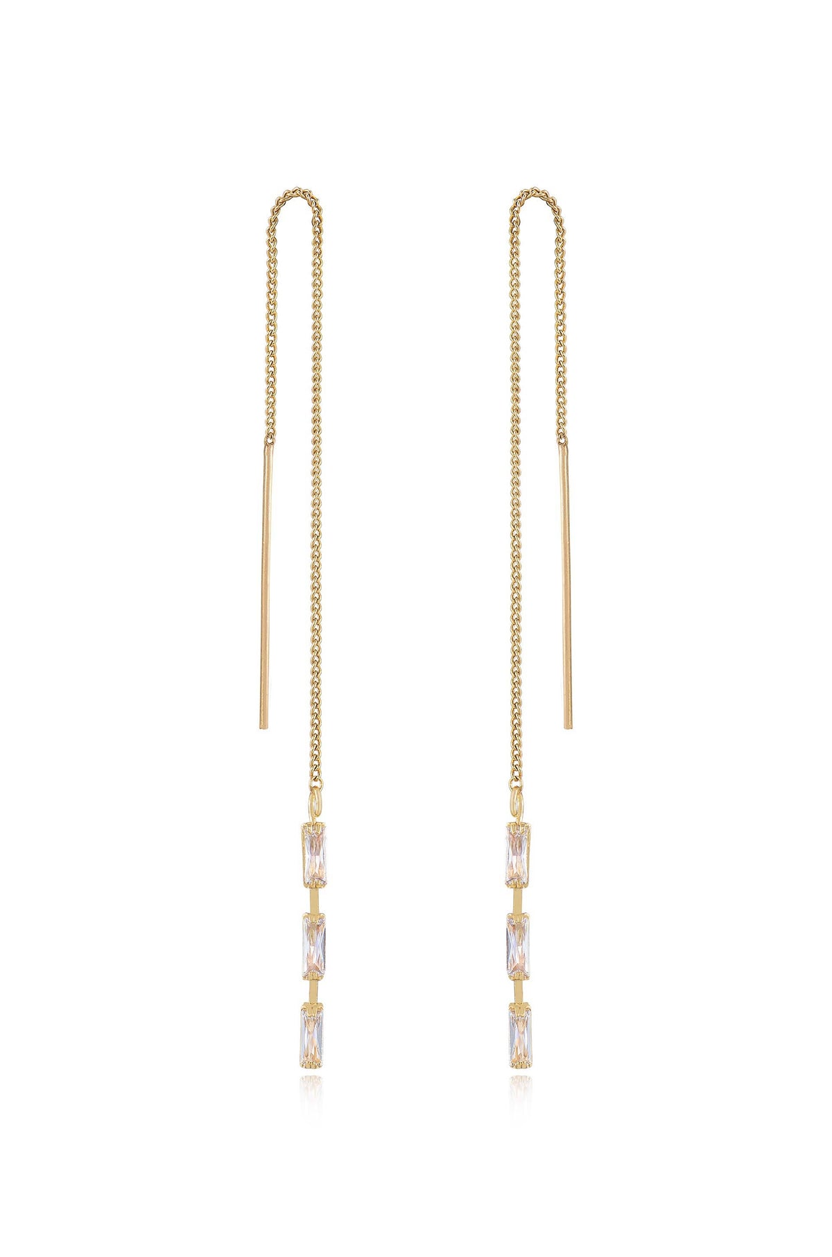 Crystal Baguette Threader Earrings - Clear Crystal with 18k Gold Plating | Ettika