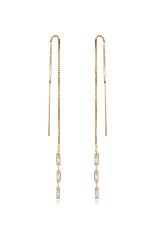 Crystal Baguette Threader Earrings - Clear Crystal with 18k Gold Plating | Ettika