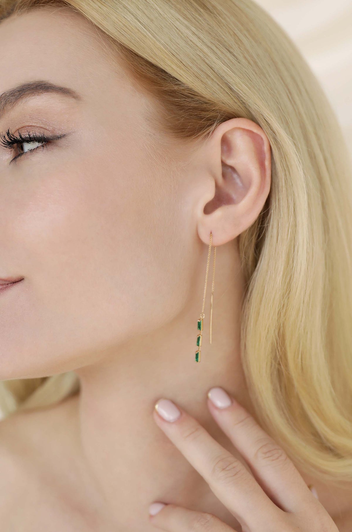Crystal Baguette Threader Earrings - Clear Crystal with 18k Gold Plating | Ettika