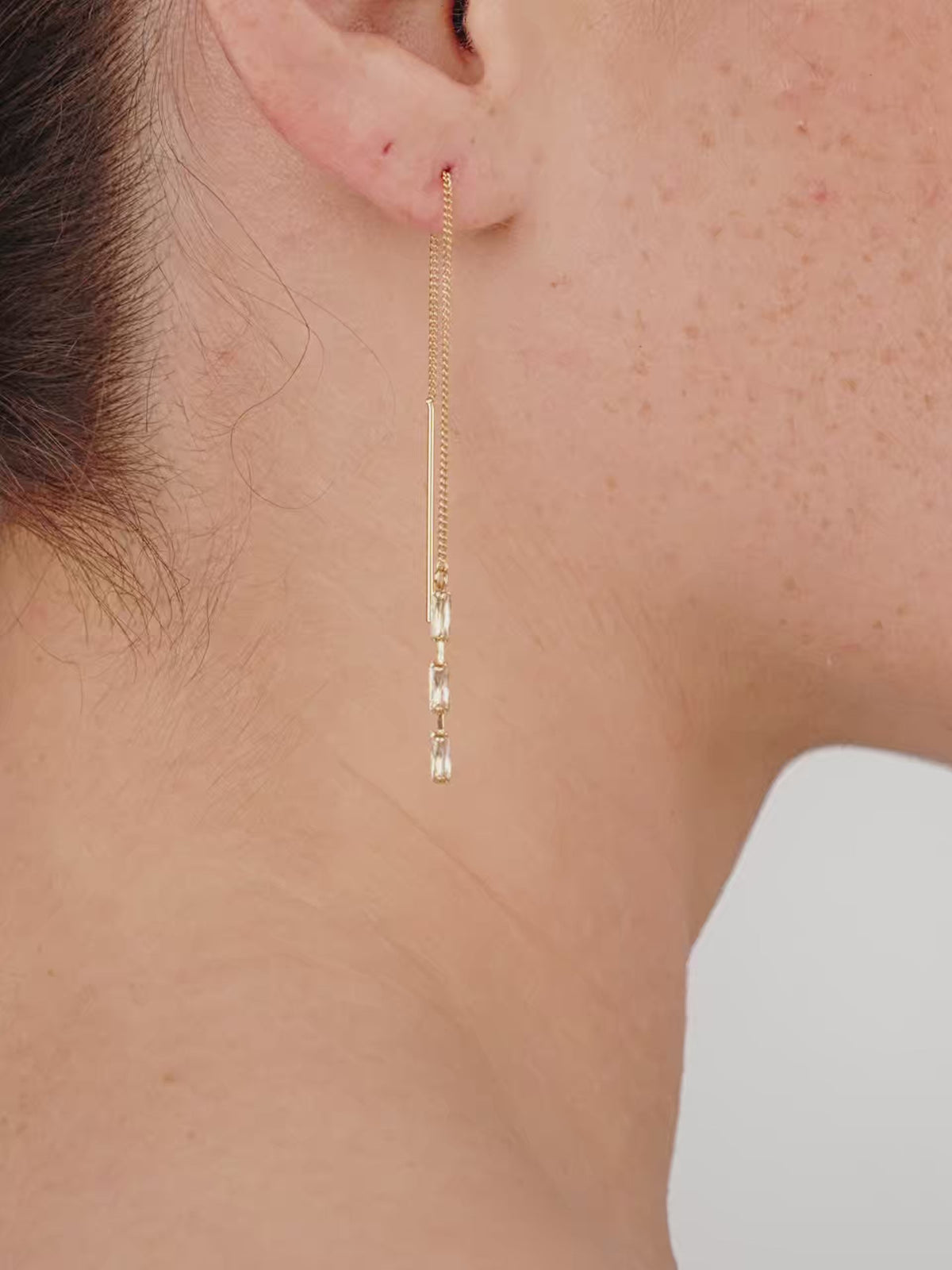 Crystal Baguette Threader Earrings - Clear Crystal with 18k Gold Plating | Ettika