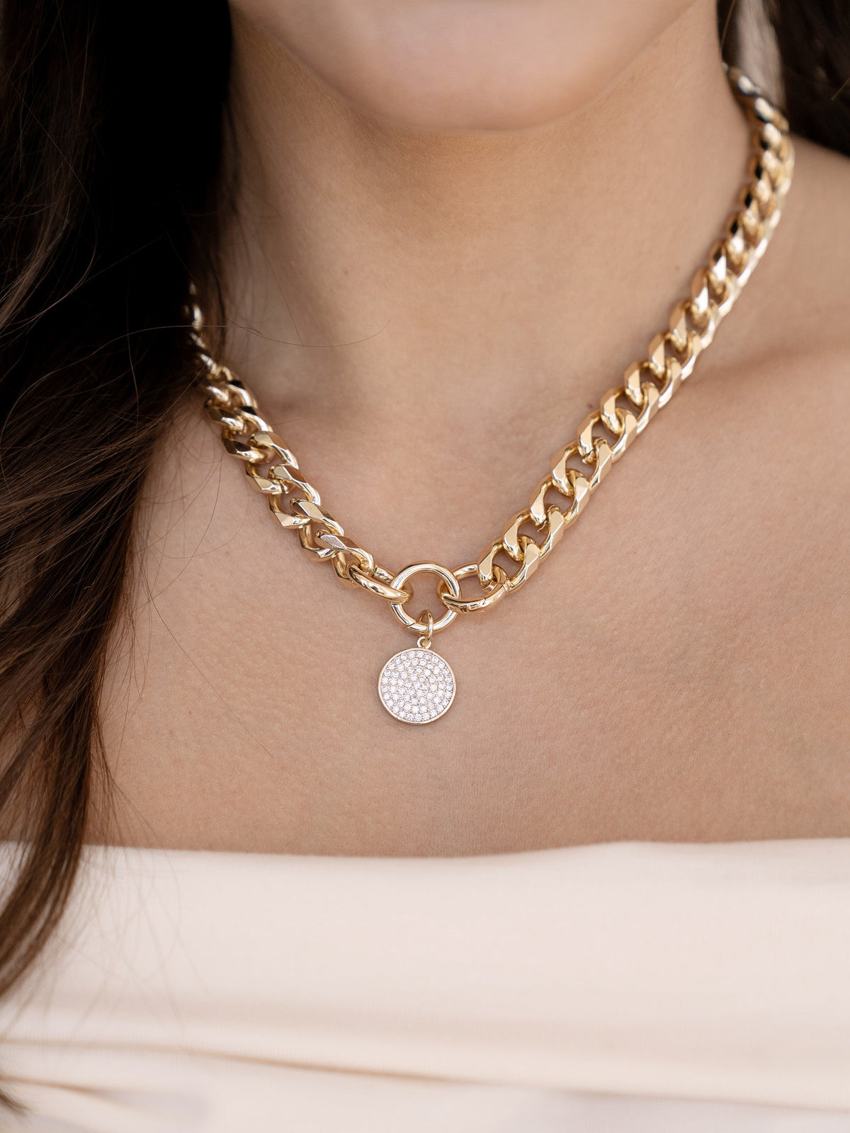 Crystal Disc Charm and Chain Necklace - Clear Crystal with 18k Gold Plating | Ettika