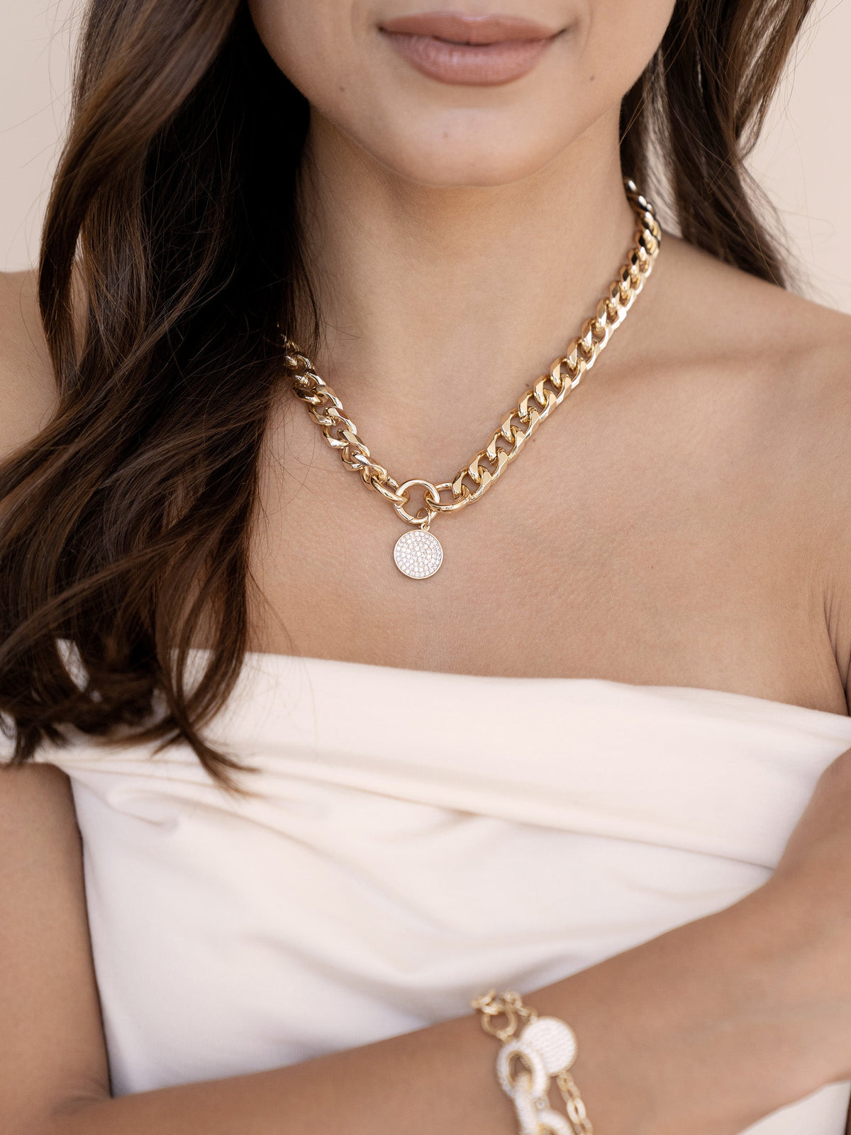 Crystal Disc Charm and Chain Necklace - Clear Crystal with 18k Gold Plating | Ettika