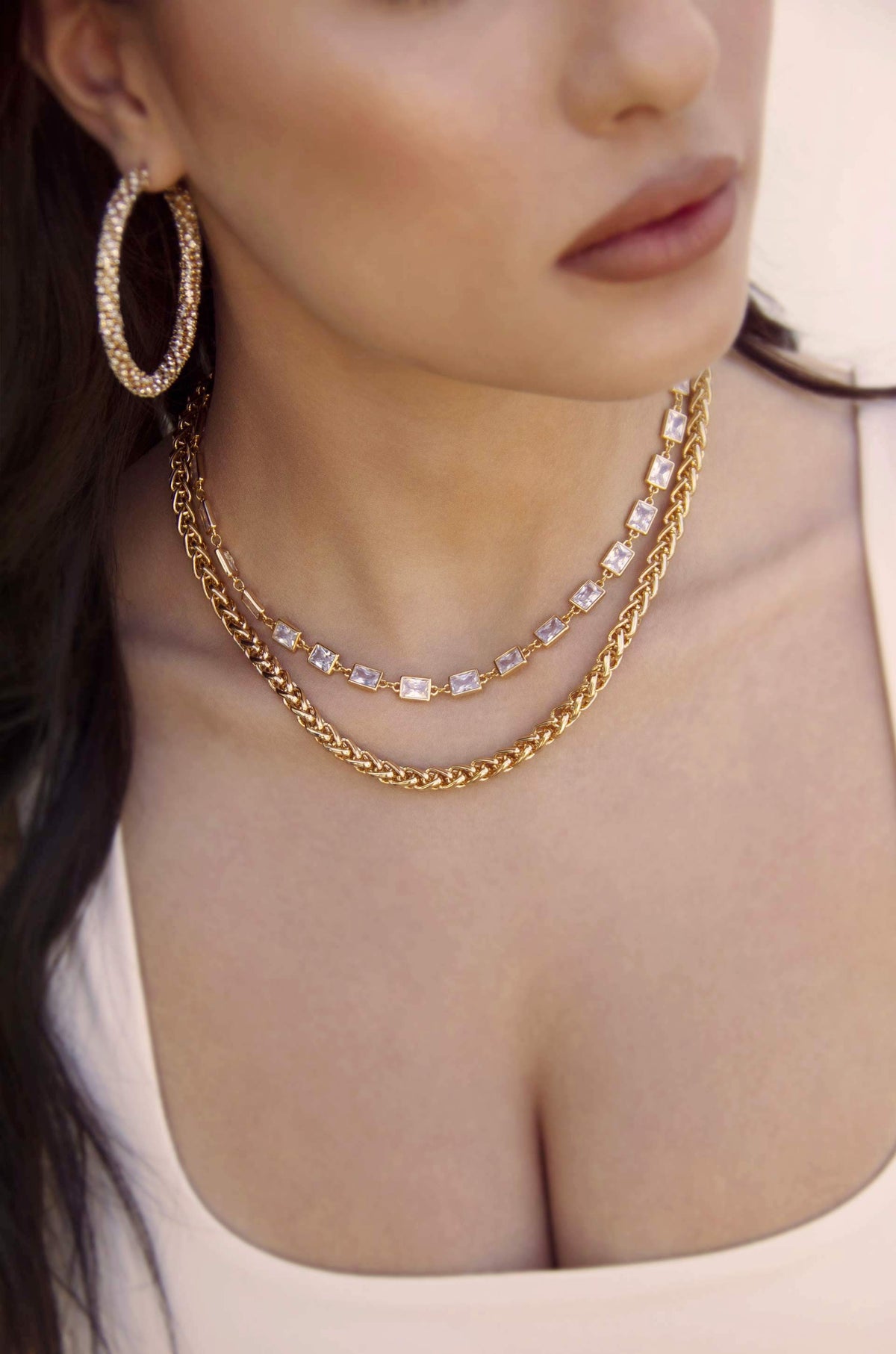 Double The Trouble Crystal & Chain Necklace Set - Clear Crystals | Ettika