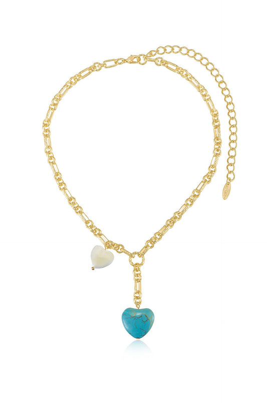 Turquoise and Pearl Hearts Lariat - Turquoise with 18k Gold Plating | Ettika