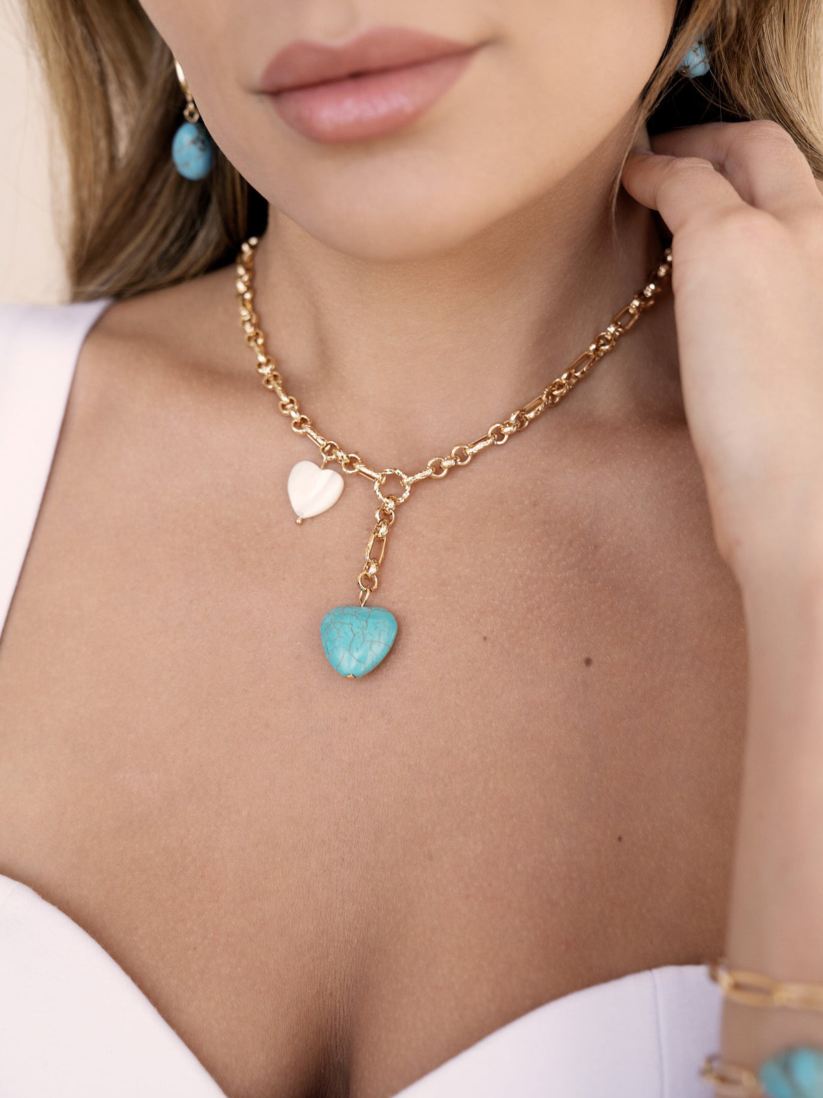 Turquoise and Pearl Hearts Lariat - Turquoise with 18k Gold Plating | Ettika