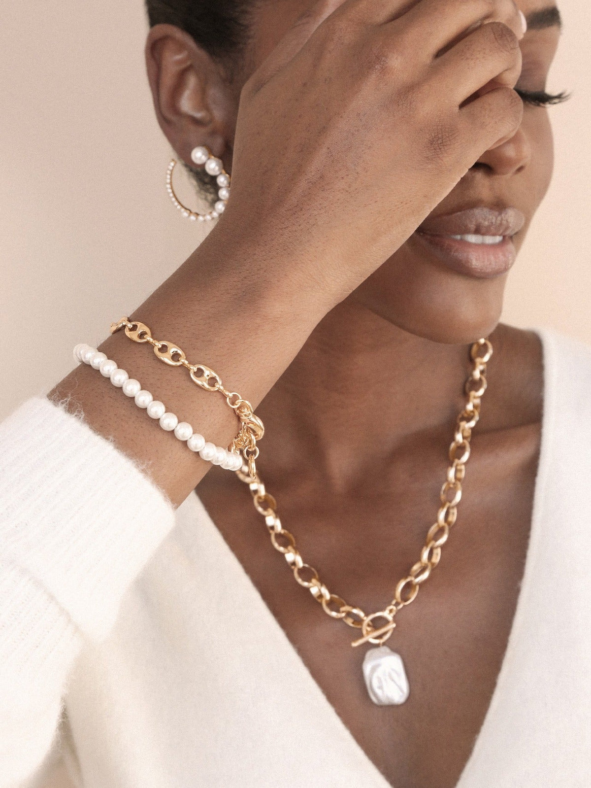 Pearl and Chain Wrap Bracelet - Pearl with 18k Gold Plating | Ettika
