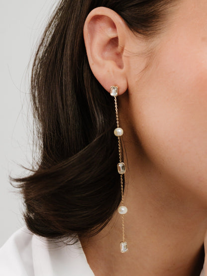 Pearl and Crystal Linear Earrings - Pearl | Ettika