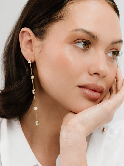 Pearl and Crystal Linear Earrings - Pearl | Ettika