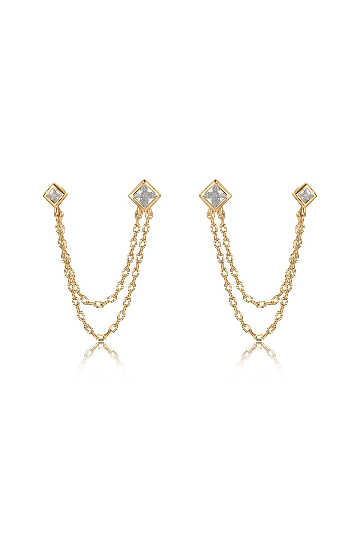 Double Piercing Diamond Shape Earrings - Clear Crystal with 18k Gold Plating | Ettika