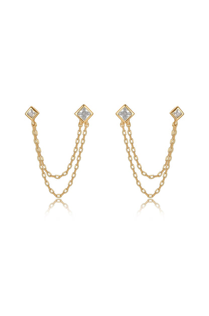 Double Piercing Diamond Shape Earrings - Clear Crystal with 18k Gold Plating | Ettika