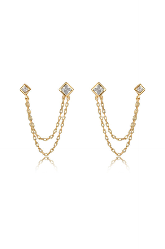 Double Piercing Diamond Shape Earrings - Clear Crystal with 18k Gold Plating | Ettika