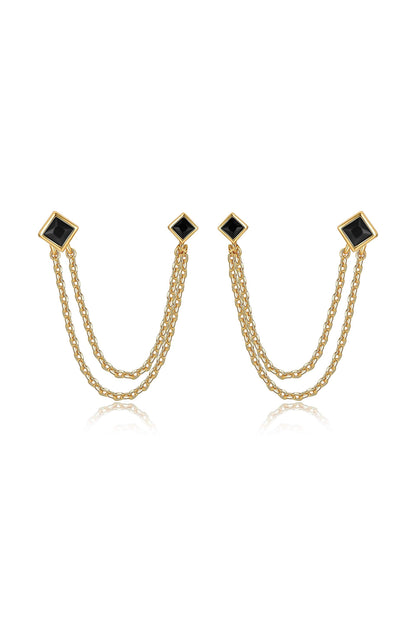Double Piercing Diamond Shape Earrings - Clear Crystal with 18k Gold Plating | Ettika