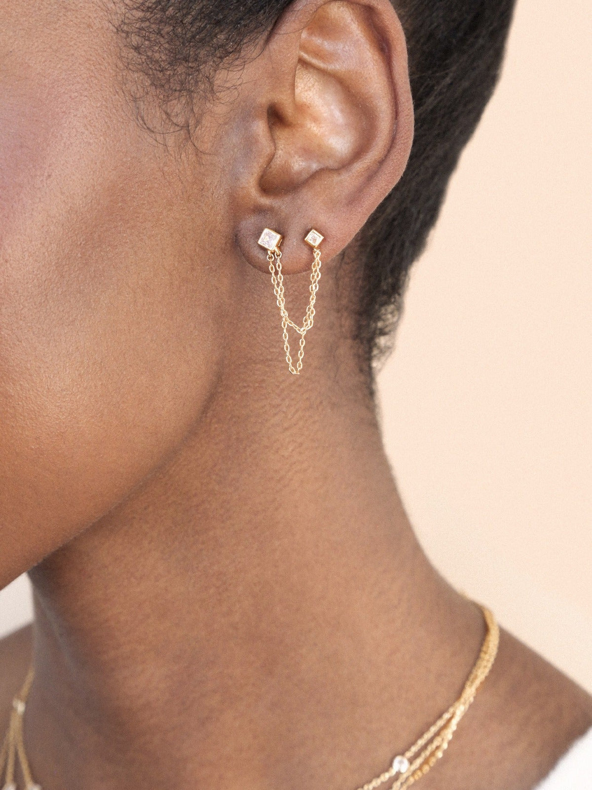 Double Piercing Diamond Shape Earrings - Clear Crystal with 18k Gold Plating | Ettika