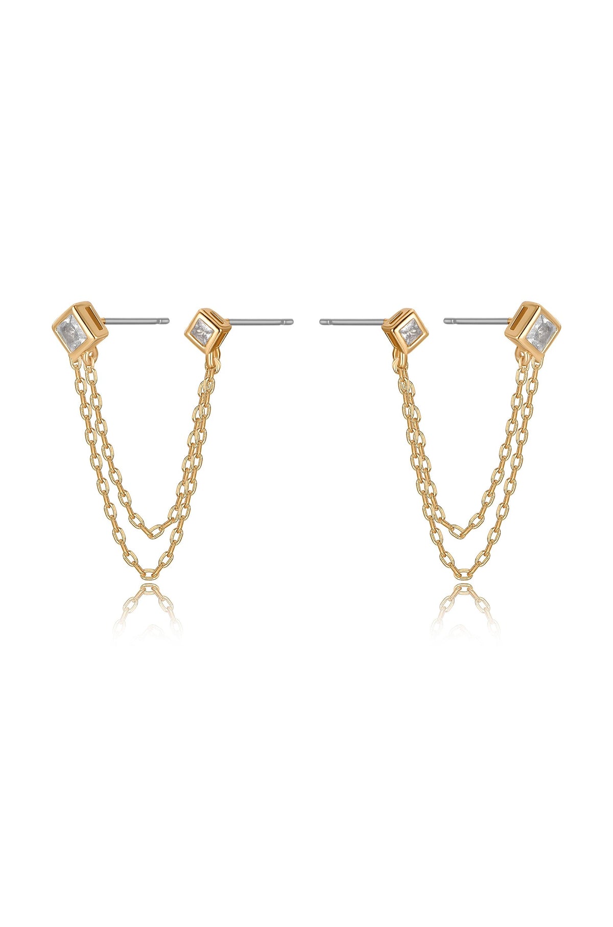 Double Piercing Diamond Shape Earrings - Clear Crystal with 18k Gold Plating | Ettika