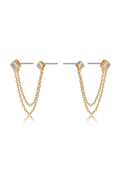 Double Piercing Diamond Shape Earrings - Clear Crystal with 18k Gold Plating | Ettika