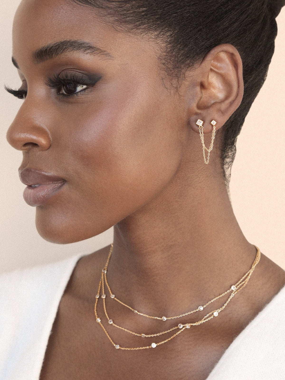 Double Piercing Diamond Shape Earrings - Clear Crystal with 18k Gold Plating | Ettika