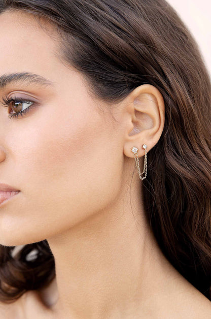 Double Piercing Diamond Shape Earrings - Clear Crystal with 18k Gold Plating | Ettika