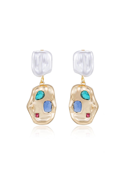 Rainbow Crystal Nugget & Pearl Earrings - Pearl | Ettika