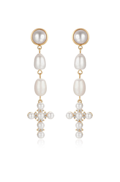 Pearl Cross Drop Earrings - Pearl | Ettika