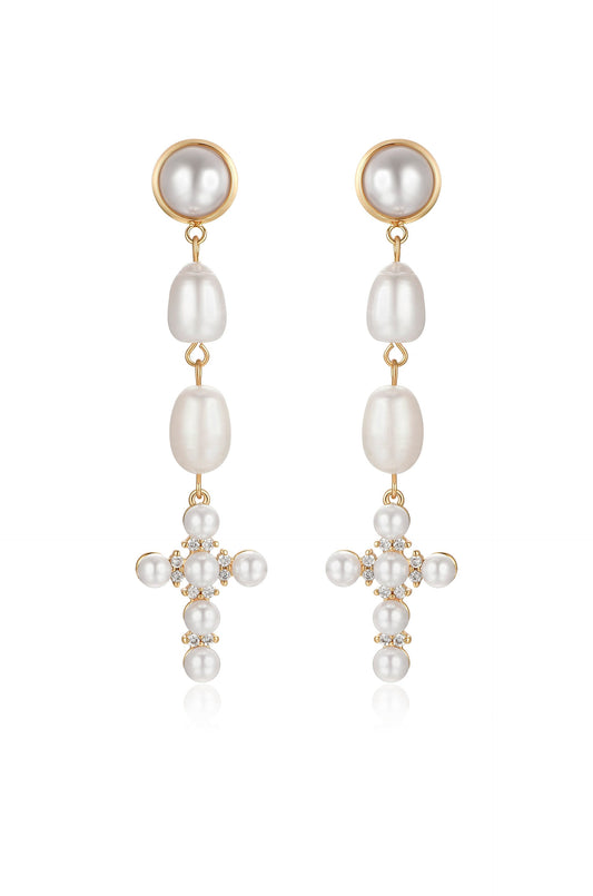 Pearl Cross Drop Earrings - Pearl | Ettika