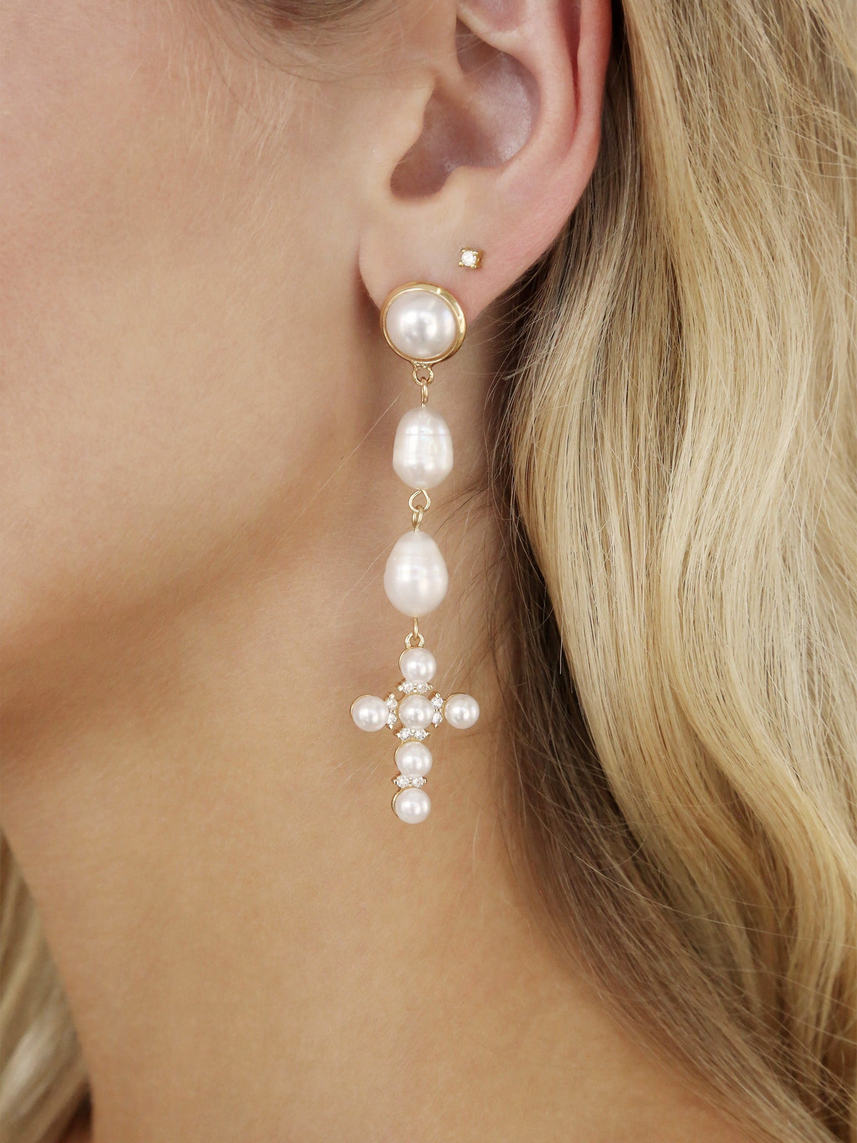 Pearl Cross Drop Earrings - Pearl | Ettika