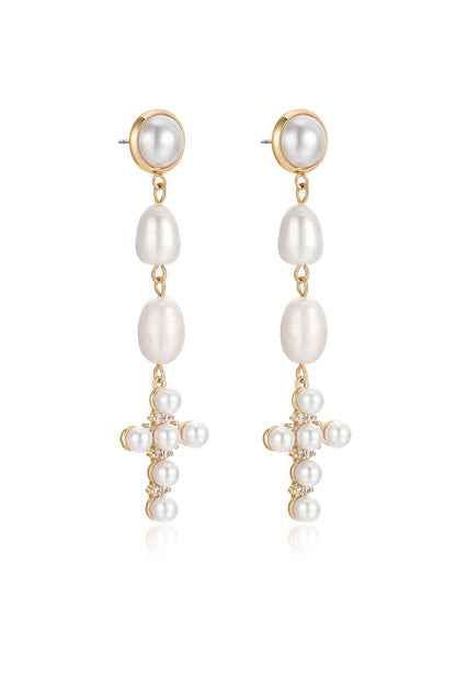Pearl Cross Drop Earrings - Pearl | Ettika