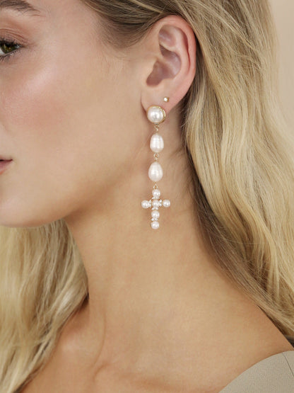 Pearl Cross Drop Earrings - Pearl | Ettika