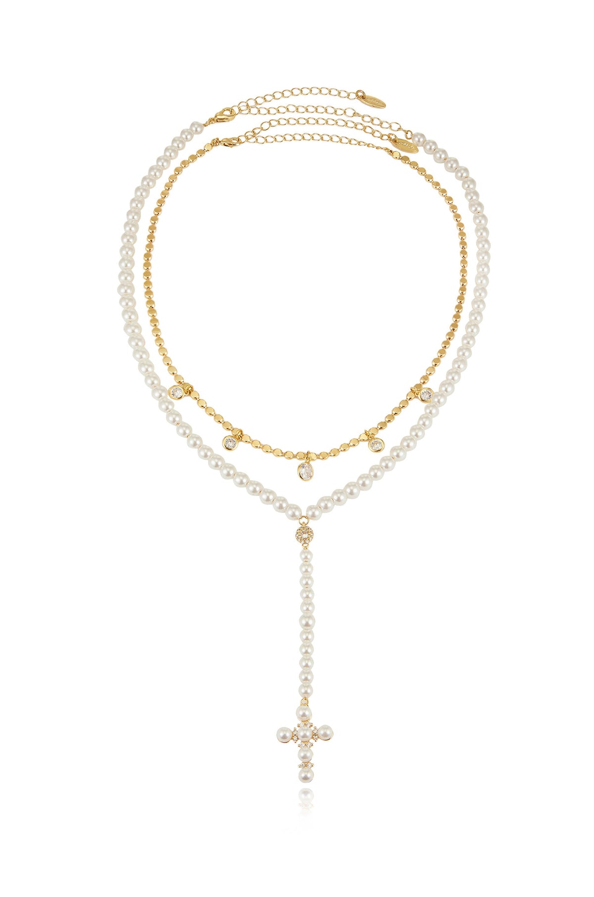 Pearl Cross Drop Lariat Necklace Set - Pearl | Ettika